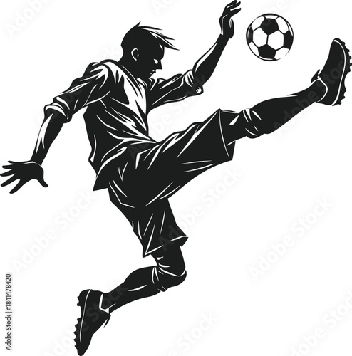 Dynamic silhouette illustration of a soccer player kicking a ball high in the air