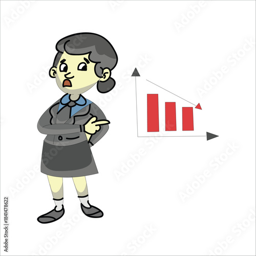 Concerned businesswoman pointing at a downward trending red bar chart. Concept of financial loss or failure