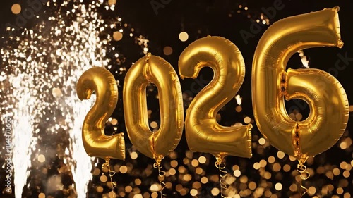 Golden balloons displaying the number 2026 with fireworks celebration
