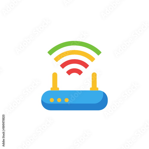 Blue Wi-Fi Router Icon with Yellow Antennas and Colorful Signal Strength Arcs.