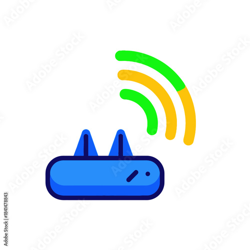 Blue wireless router icon with dual antennas emitting strong green and yellow signal waves.