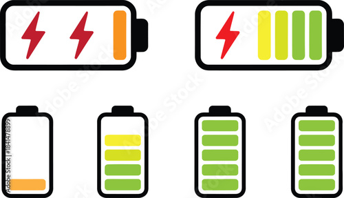 A collection of battery icons illustrating various charge levels, from empty to completely full, with lightning bolts indicating charging. vector illustration