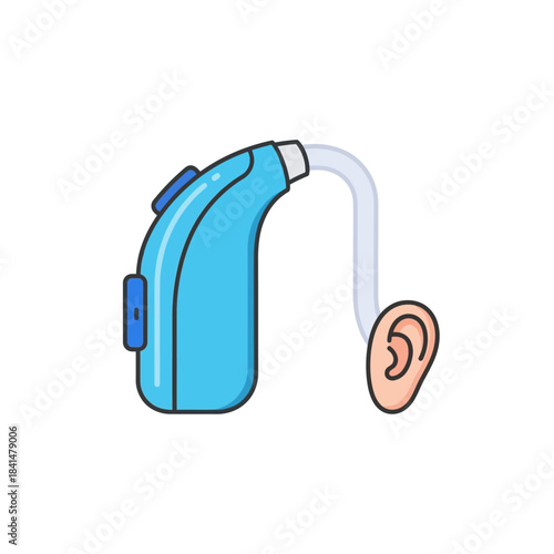 Bright blue Behind-The-Ear hearing aid with a flesh-toned ear mold, featuring a simple cartoon outline.
