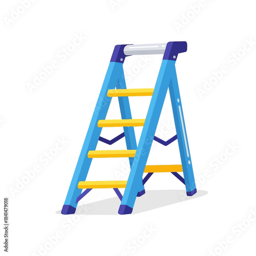 Bright blue and yellow four-step ladder, A-frame design, sturdy construction, standing upright.