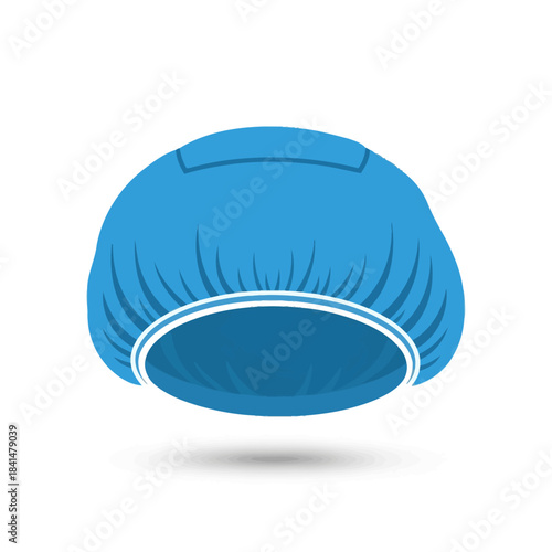 Bright blue disposable shower cap, elasticated white rim, essential for hygiene and protection.