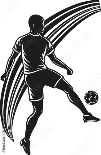 A stylized black and white illustration of a male soccer player kicking a ball with motion streaks