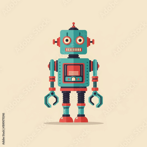 A retro-style teal robot with red accents and claw hands standing on a beige background, depicted in a flat illustration.