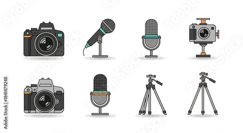 Camera and Microphone Equipment for Audio and Video Production.