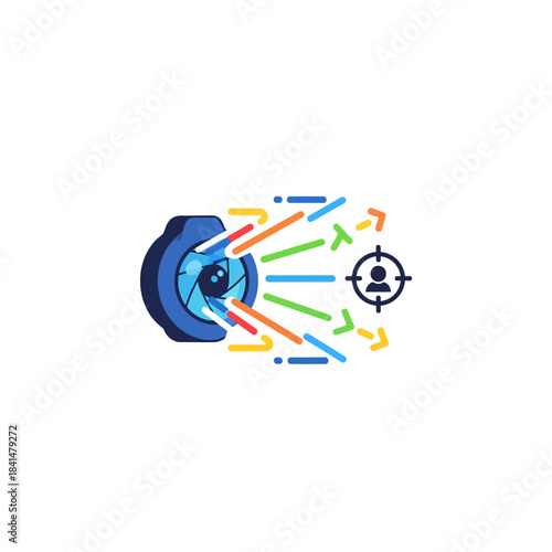 Camera lens icon projecting colorful rays towards a target with a person silhouette, representing focus.