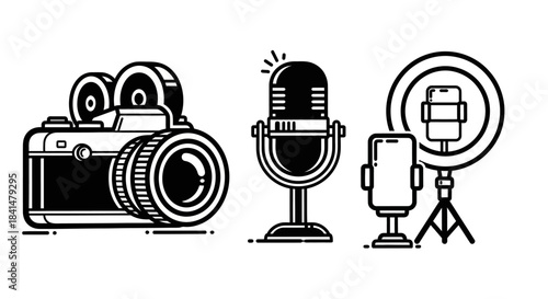 Camera, Microphone, and Ring Light - Essential Vlogging and Content Creation Tools.