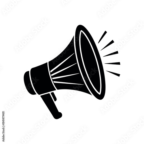 New Year megaphone icon with sound lines, black silhouette.