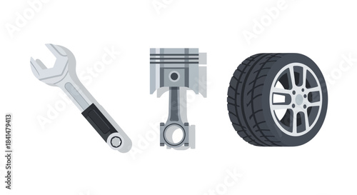 Car Repair Tools - Wrench, Piston, and Tire Illustration.
