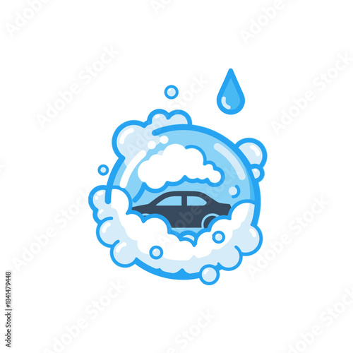 Car Wash Icon - Blue Bubble with Vehicle Silhouette and Water Drop.