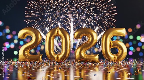 Golden balloons displaying the year 2026 with fireworks celebration