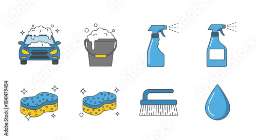 Car Wash Equipment Icons - Car, Bucket, Sprays, Sponges, Brush, Water Drop.