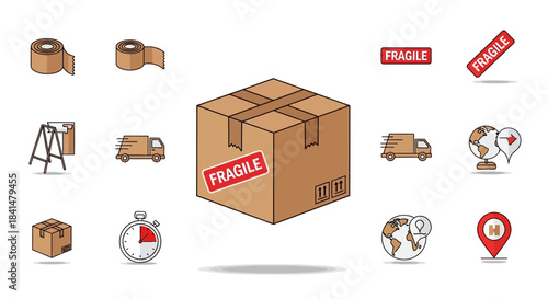 Cardboard Box with Fragile Label and Shipping Icons.