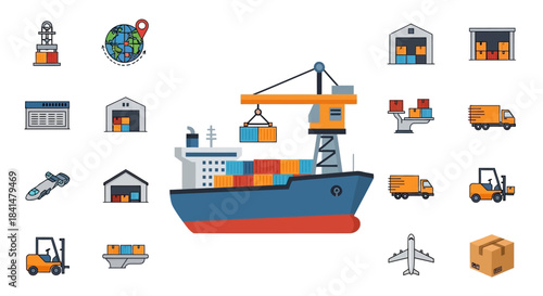Cargo ship loading containers with a crane, surrounded by logistics icons.