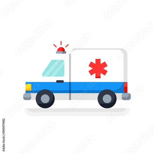 Cartoon Ambulance with Red Star of Life and Flashing Siren, Blue and White.