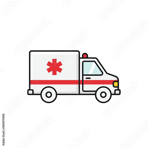 Cartoon Ambulance with Red Star of Life and Siren, White Body, Black Outline.