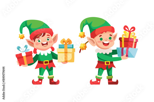 Cute Christmas elves holding gifts and ornaments, happy holiday characters, festive cartoon elves, colorful winter illustrations, Christmas celebration, joyful gift-giving elves .vector icon