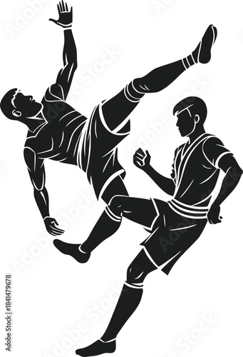 Dynamic soccer action illustration depicting a player performing a high kick