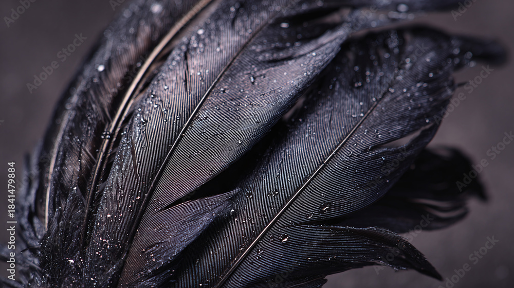 Obraz premium Close-up of elegant black feathers, with water droplets on them