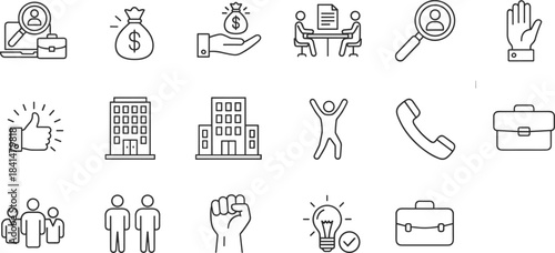 Business management icons set, recruitment, teamwork, success, office buildings, communication, leadership, motivation, creativity, finance, professional services, corporate development symbols