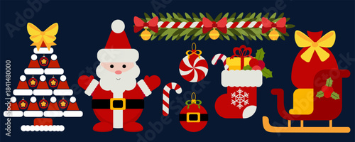 Festive set featuring Santa Claus, gift sleigh, Christmas ornaments, red stocking filled with presents, and decorated tree. Perfect for holiday cards, banners, invitations, and winter promotions