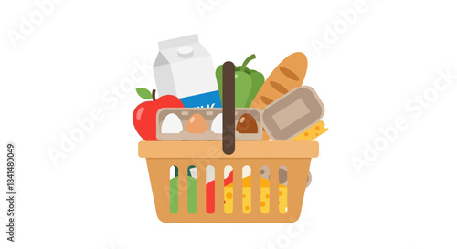 Cartoon Illustration of a Full Shopping Basket with Groceries and Food Items.
