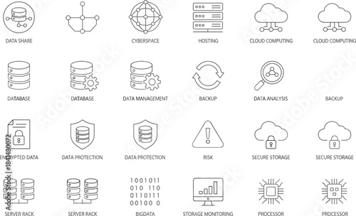 Data management icons, cloud computing symbols, cybersecurity elements, database storage illustrations, backup and encryption graphics for digital technology, network security