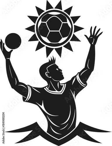 Athlete playing water polo reaching for a large ball emblem above the water splash