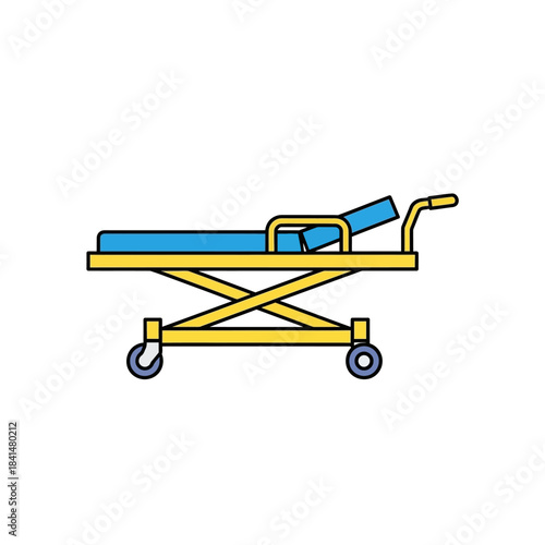 Cartoon Medical Stretcher Gurney with Yellow Frame and Blue Mattress, Emergency Transport Equipment.