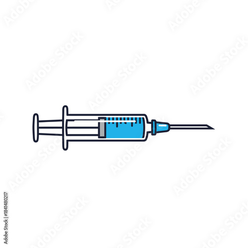 Cartoon medical syringe filled with vibrant blue liquid, featuring a sharp needle and clear barrel.