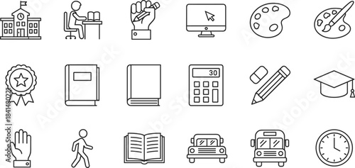 Education and school line icons set, learning, studying, books, art tools, calculator, graduation, school bus, classroom, academic elements