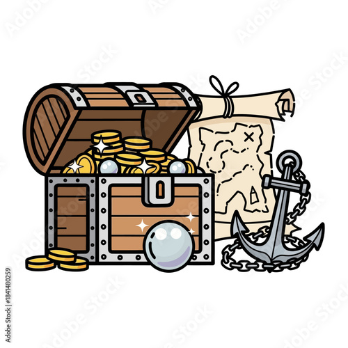 Cartoon Pirate Treasure Chest Overflowing with Gold Coins, Pearls, Map, and Anchor.