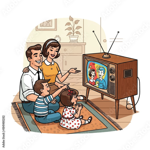 A happy retro family sitting on the floor watching an old television together in their living room.