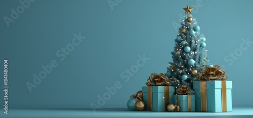 Blue Christmas Tree with Gold Ornaments and Presents