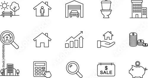 Real estate and property investment line icons, housing search, mortgage finance, home sale, money savings, building, growth chart symbols