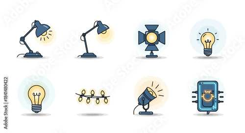 Cartoon style lighting equipment illustrations with glowing bulbs, desk lamps, spotlight, and smart switch.