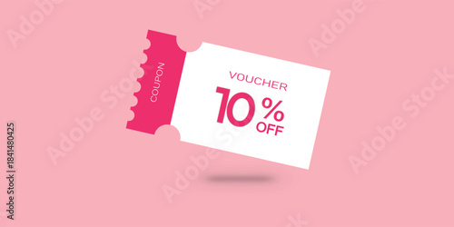 10% off Sale Voucher Coupon. Ten percent promotion illustration. Tag label, sale banner with discount coupon. Pink Vector gift voucher.