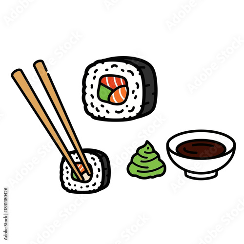 Cartoon sushi rolls with chopsticks, wasabi, and soy sauce illustration, featuring salmon and avocado.