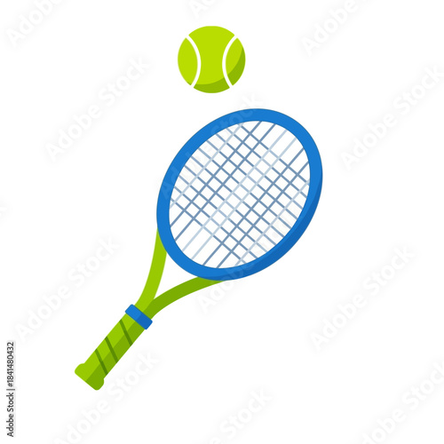Cartoon Tennis Racket with Blue Frame and Green Handle, and Yellow Tennis Ball.