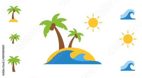 Cartoon Tropical Island with Two Palm Trees, Blue Waves, and Bright Sun.
