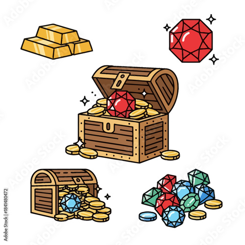 Cartoon Treasure Collection with Wooden Chests, Gold Bars, Coins, and Sparkling Gemstones.