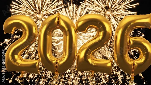 Golden balloons forming the number 2026 against fireworks display