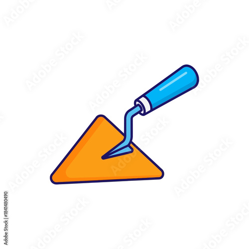 Cartoon Trowel - Orange Triangular Blade with Blue Handle and Outline, Construction Tool.