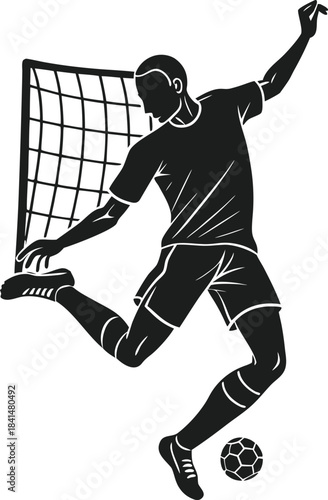 Silhouette of a soccer player kicking a ball towards a goal in a dynamic pose