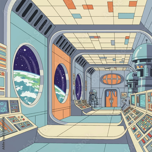 Retro-futuristic spaceship interior with control panels, an astronaut suit, and large windows offering a view of Earth from space, in a cartoonish style.