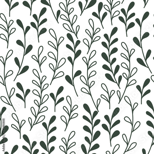 Seamless abstract floral pattern with dark green stems and leaves with outline on white background. Could be used as wallpaper, texture, print, fabric. 