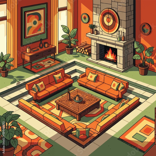 A vibrant, retro-style living room with sunken seating, a fireplace, and bold geometric patterns, evoking a 1970s aesthetic.